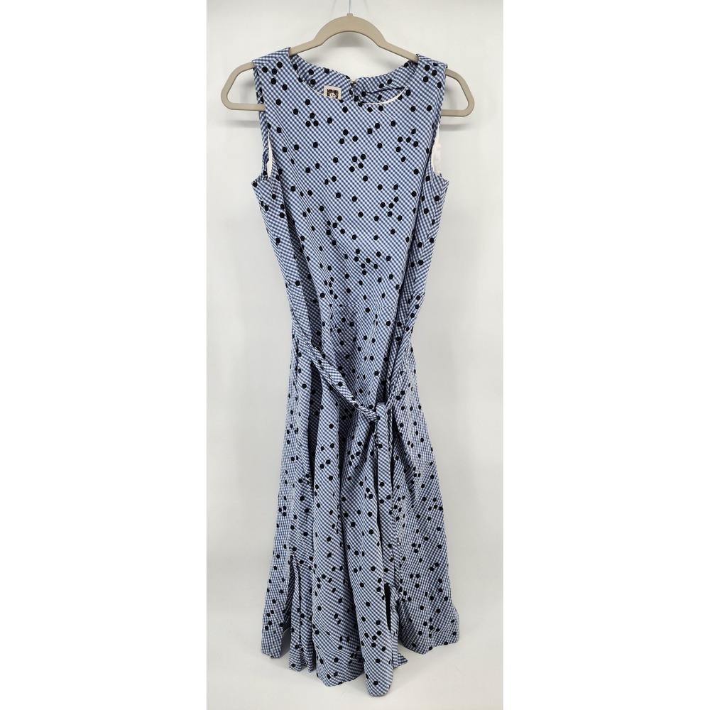 Anne Klein Blue Gingham Polka Dot Cotton Sleeveless Belted Midi Dress Womens M